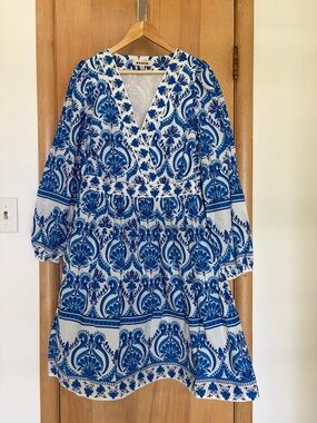 Boden Blue & White V-Neck Long Sleeve Floral Cotton Dress 12 Long
